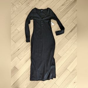 Fitted Long-Sleeve Rib-Knit Henley Midi Dress for Women